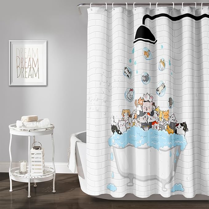AILONEN Cute Cats Shower Curtain Raining for Kids 72" W*96" H Inch,Kawaii Hilarious Pet Playing Water Shower Curtain,12 Pack Hooks Polyester Waterproof Fabric Decor for Bathroom Bathtub Panels