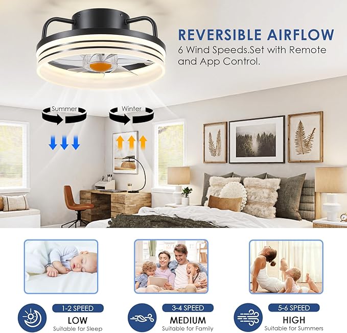 Ceiling Fans with Lights - 13" Bladeless Flush Mount Ceiling Fans with Remote and Led Light, 3CCT 6 Speeds 2 Timer, Black Low Profile Ceiling Fan Light for Modern Indoor Bedroom