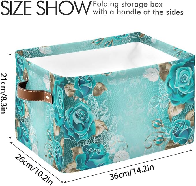 Wamika Turquoise Blue Green Rose Storage Basket Fabric Laundry Baskets Spring Flowers Leaves Storage Boxes Organizer Bag for Baby Cloth Dog Toy Book Storage Cubes Shelf Closet Bins 16x12x8 Inches