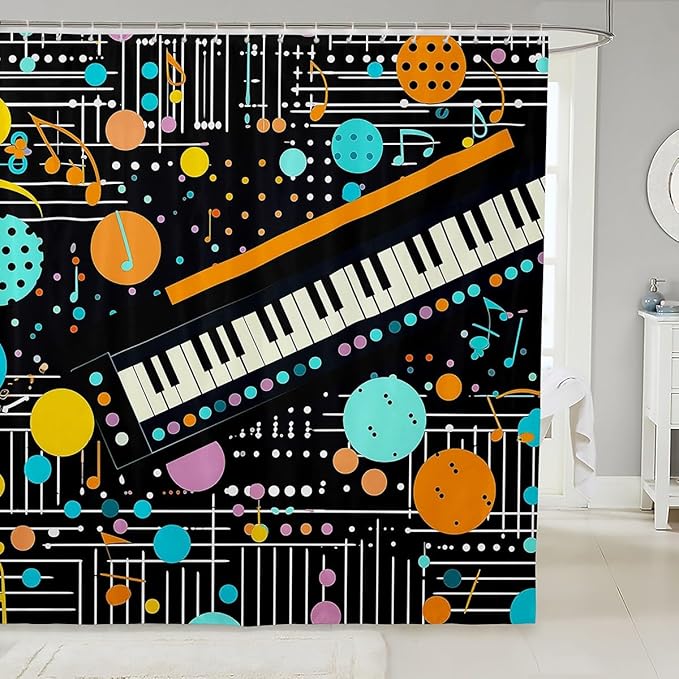 Feelyou Piano Fabric Shower Curtain Musical Shower Curtain for Boys Girls Geometric Bathroom Waterproof Accessories with 12 Hooks Colorful Wave Dot Curtains,72x78 Inches