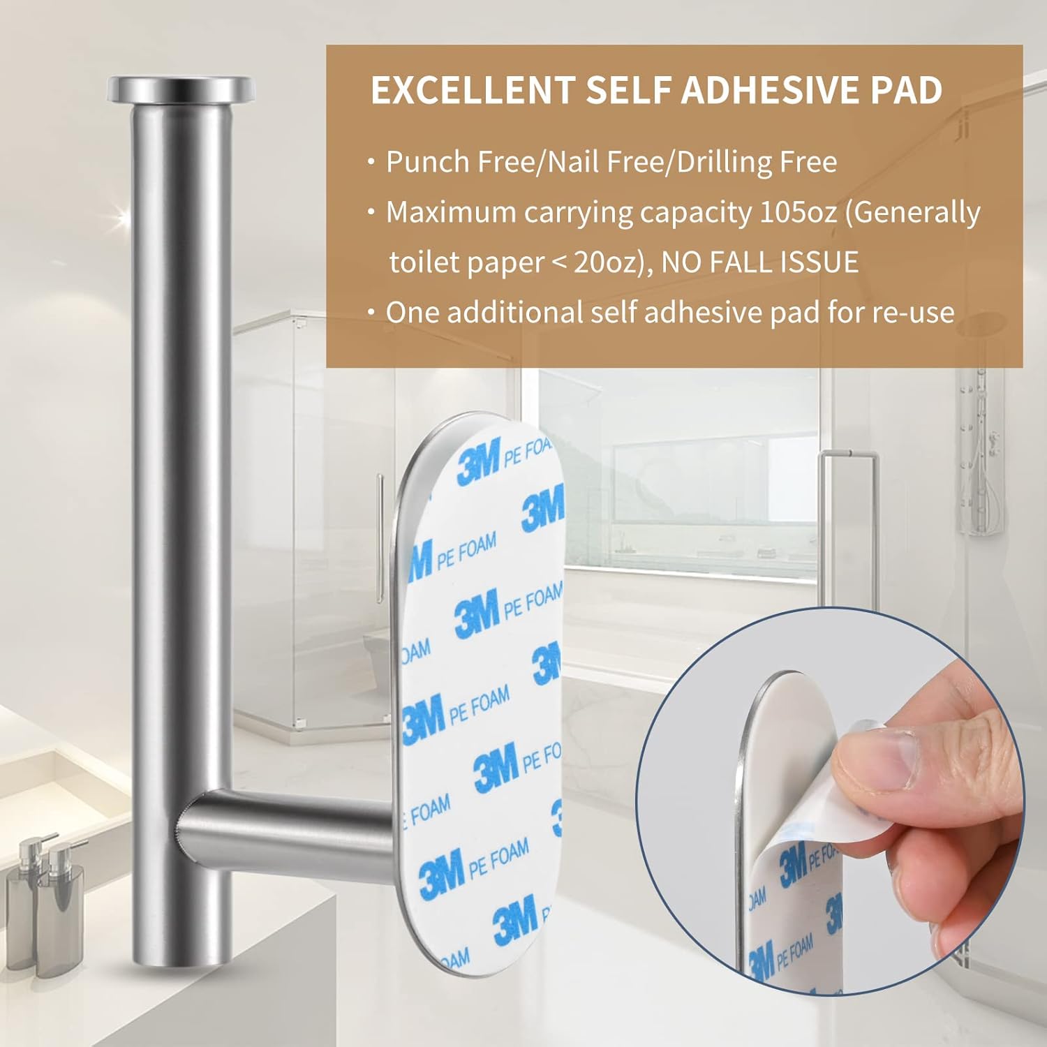 Toilet Paper Holder,Brushed Nickel,Wall Mount, Upgraded Adhesive Toilet Roll Holder,no Drilling,Bathroom/Rv/Washroom,SUS 304 Stainless Steel,Rustproof (Silver, 2 Pieces)