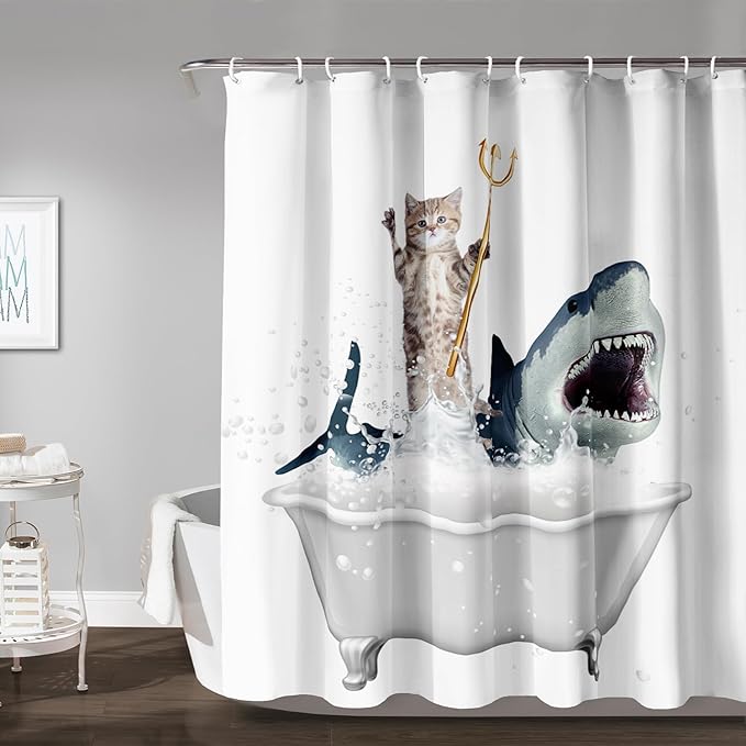 AILONEN 3D Bathtub Shark Shower Curtain for Kids 180 * 240 Inch,Cat Riding Shark in a Bathtub Shower Curtain,12 Pack Hooks Polyester Waterproof Fabric Decor for Bathroom Bathtub Panels