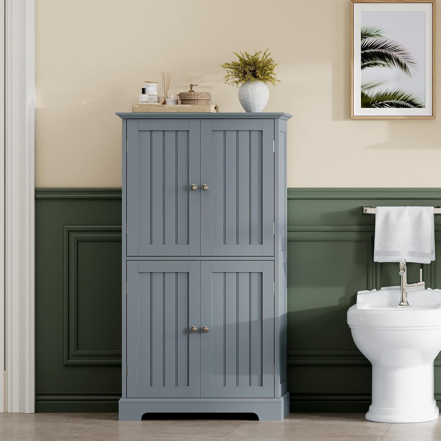 ChooChoo Bathroom Floor Cabinet, Modern Bathroom Storage Cabinet with 4 Doors and Adjustable Shelves, Freestanding Cupboard for Living Room, Grey