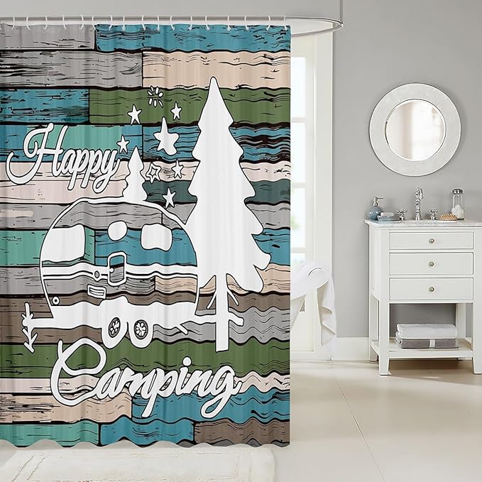 Feelyou Happy Camping Shower Curtain Camper Fabric Shower Curtain Kids Boys Girls Camping Print Decor Bathroom Waterproof Accessories with 12 Hooks Rustic Vintage Farmhouse Style Curtains,72x72 Inches