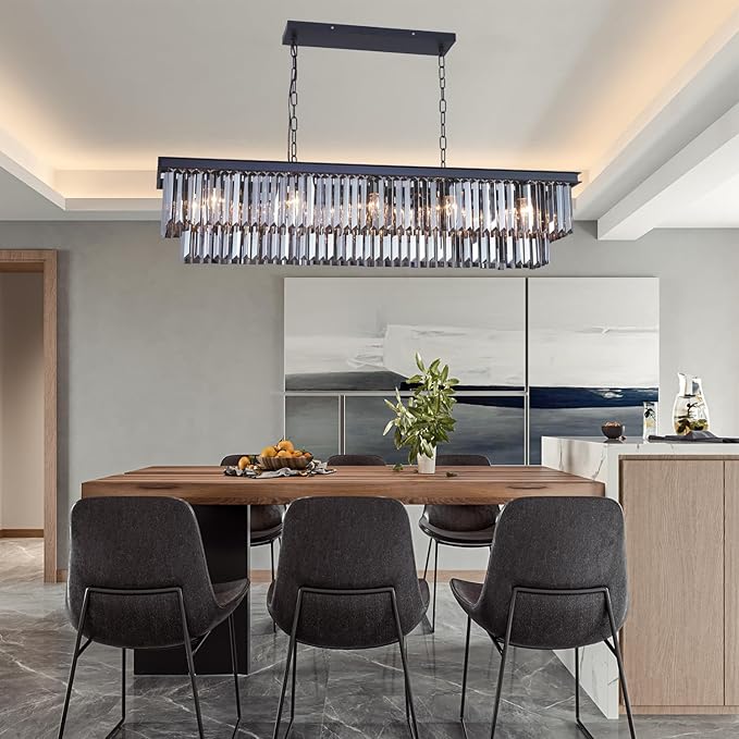 Crystal Chandeliers for Dining Room 47.3" 12 Lights Elegant Pendant Ceiling Lighting Rectangle Contemporary Pendant Light Fixture