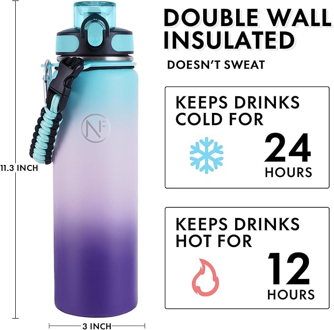 32 oz Insulated Water Bottle With Detachable Straw & Paracord Handle, Stainless Steel Thermos Water Bottle with Leakproof Lockable Lid, BPA-Free Sports Bottle (Green Pink Purple Gradient)