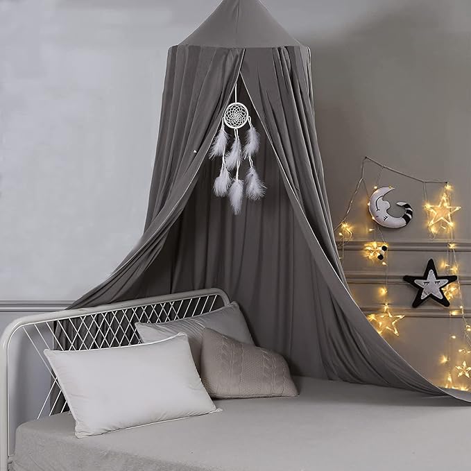 Mengersi Bed Canopy for Kids, Round Dome Kids Mosquito Net Indoor Outdoor Castle Hanging House Decoration Reading Nook (Dark Gray)
