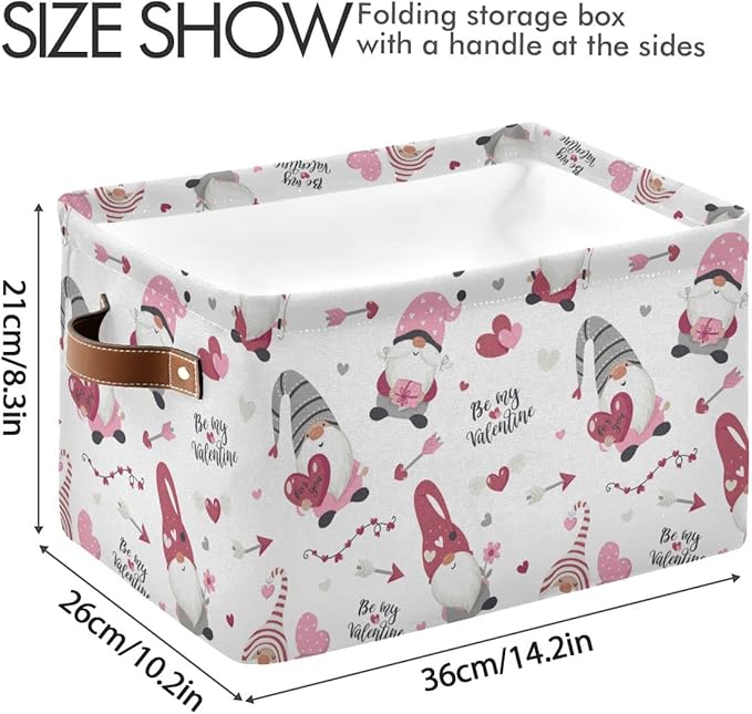 Happy Valentine's Day Gnomes Storage Basket Fabric Laundry Baskets Be Mine Valentine Love Heart Storage Boxes Organizer Bag for Baby Cloth Dog Toy Book Storage Cubes Shelf Closet Bins 16×12×8 Inches