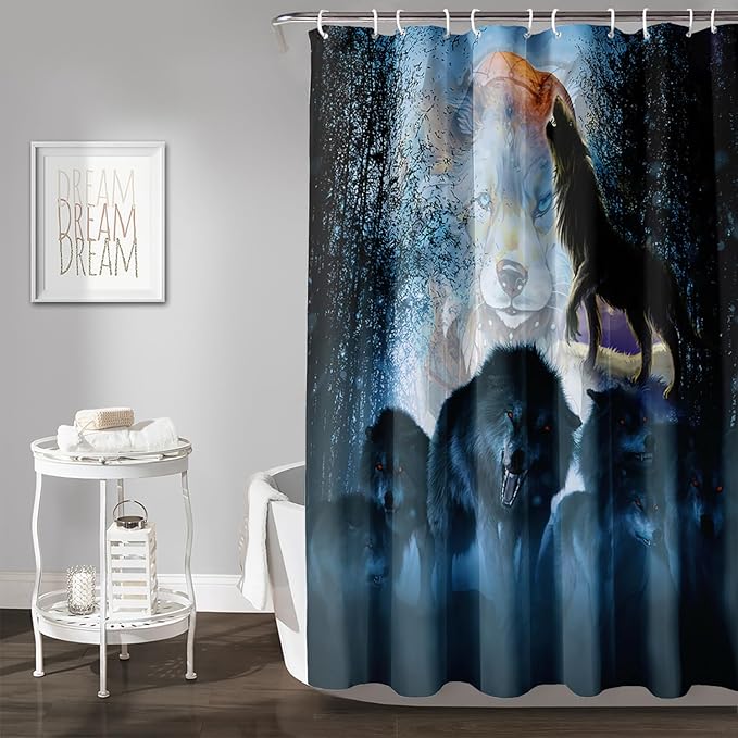 AILONEN Boys Wolf Shower Curtain for Bathroom Decor,3D Howling Wolf Ferocious Wolf Wildlife Decor Bath Curtain 60" W*72" H Polyester Fabric Waterproof Bathroom Curtain with 12 Hooks