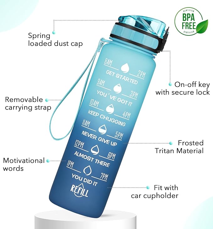 32oz Motivational Water Bottle with Time Marker & Fruit Strainer, Leak-proof BPA Free Non-Toxic 1l Bottle with Carrying Strap, Perfect for Fitness, Gym and Outdoor Sports (Ombre: Blue Waves)