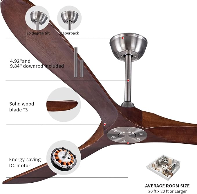 Bigzone 70" Outdoor Ceiling Fan with Remote No Light, 3 Wood Blades, Brushed Nickel Finish, Reversible Wood Ceiling Fan