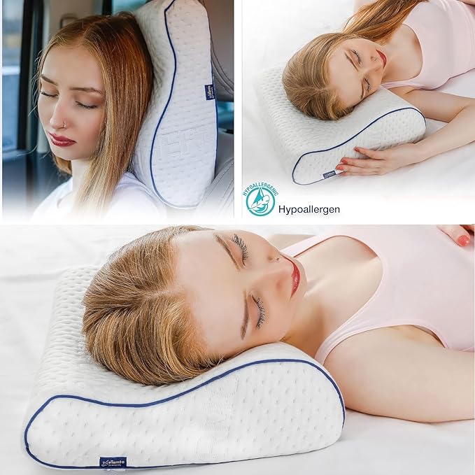 Travel & Camping Comfortable Memory Foam Pillow – Easy to Carry Portable Bag – Temperature Regulating Pillow Case (White Contour)
