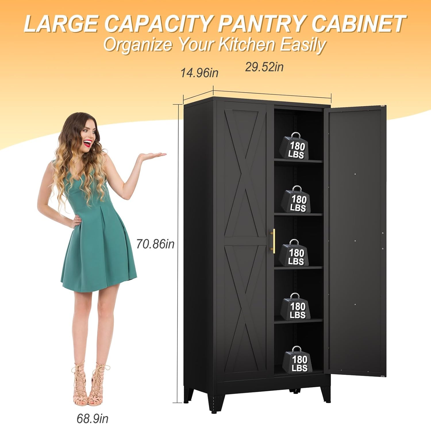 71" H Metal Kitchen Pantry Storage Cabinet, Freestanding Cupboard with 2 Doors and 4 Adjustable Shelves, Standing Storage for Kitchen, Bathroom, Garage, Dinning Room or Utility Room（Black）