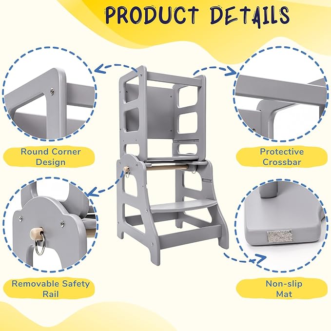 3 in 1 Toddler Tower, Children Step Stool Standing Tower for Kitchen with Adjustable Platform, Non-Slip Strips, Safety Rail (Gray)