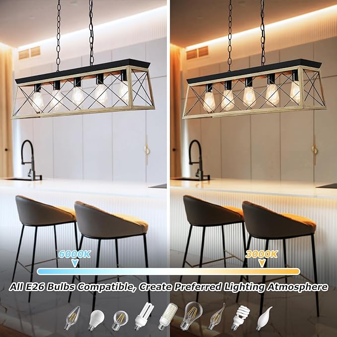 Dining Room Light Fixture/Chandelier Over Table, 5-Light Kitchen Island Lighting Hanging for Farmhouse Linear Chandeliers Matte Black Rustic Wood Pendant Ceiling Light Fixtures