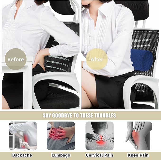 Lumbar Roll Pillow for Lower Back, Lumbar Support Foam Roll Cushion with Pillowcase and Upgraded Strap for Office, Chair, Car, Seat Pain Relief & Improving Posture (Dark Blue, Long-15*4.3'')