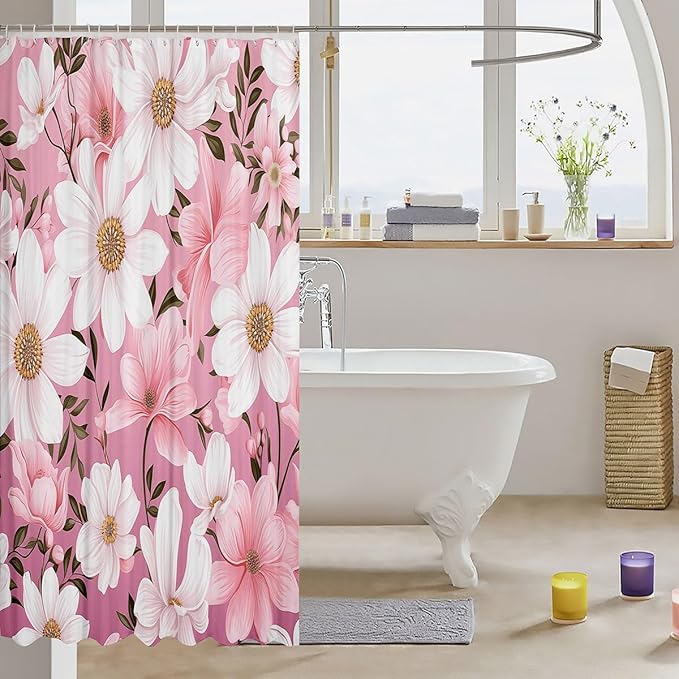 Feelyou Flower Fabric Shower Curtain for Kids Boys Girls Pink Floral Bathroom Waterproof Accessories with 12 Hooks Flower Botanical Shower Curtain Nature Plants Curtains,72x84 Inches