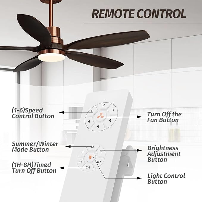 52" Ceiling Fan with Light and Remote,Reversible DC Motor,6Speed,Modern Natural Wood Ceiling Fan with Dimmable LED for Outdoor Patios Bedroom Living Room,Black Walnut and Red Brass