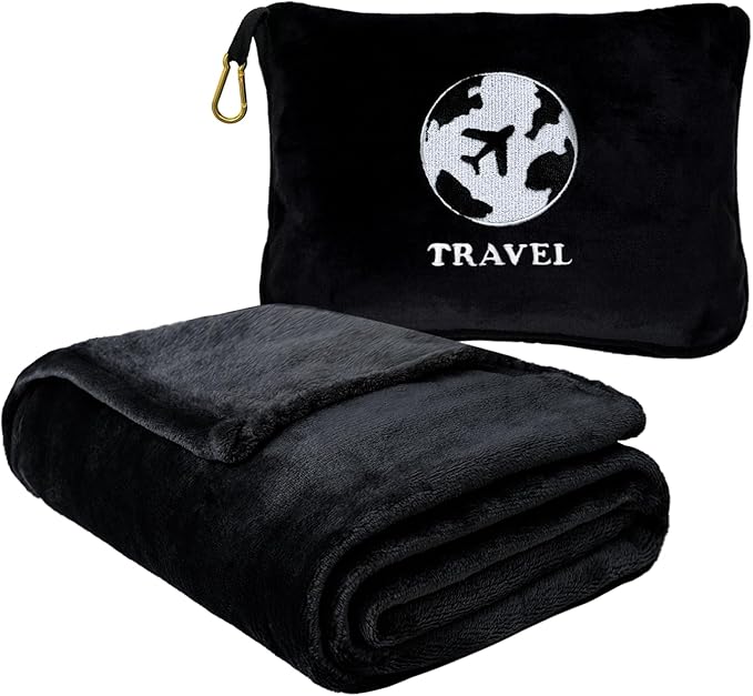 Bnuitland Travel Blanket and Pillow 2 in 1, Soft Flannel Airplane Blanket in Bag Compact-Long Flight Essential for Adults and Kids, Portable Luggage Sleeve and Backpack Clip, 65×40 inch Black
