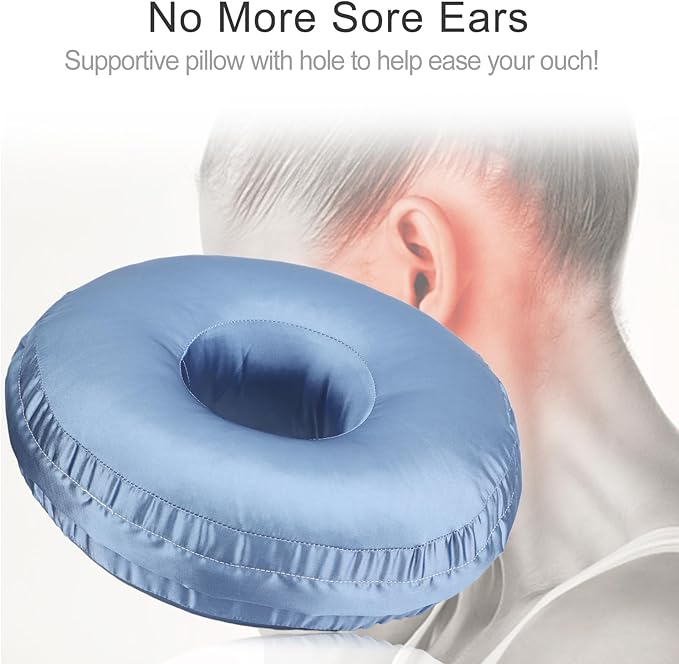 Silky Ear Piercing Pillows with Holes Removable Pillowcase Washable Donut Pillow for Ear Pain Side Sleeping Cartilage CNH Pressure Sore Tinnitus Headphones Relief Guard Protector HazeBlue