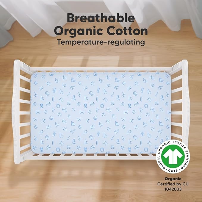 2-Pack Organic Crib Sheets for Boys, Girls - Jersey Fitted Crib Sheet, Baby Crib Sheets Neutral, Crib Mattress Sheet, Cotton Crib Sheets, Breathable Crib Sheet, Baby Mattress Sheets (ABC Land Sky)