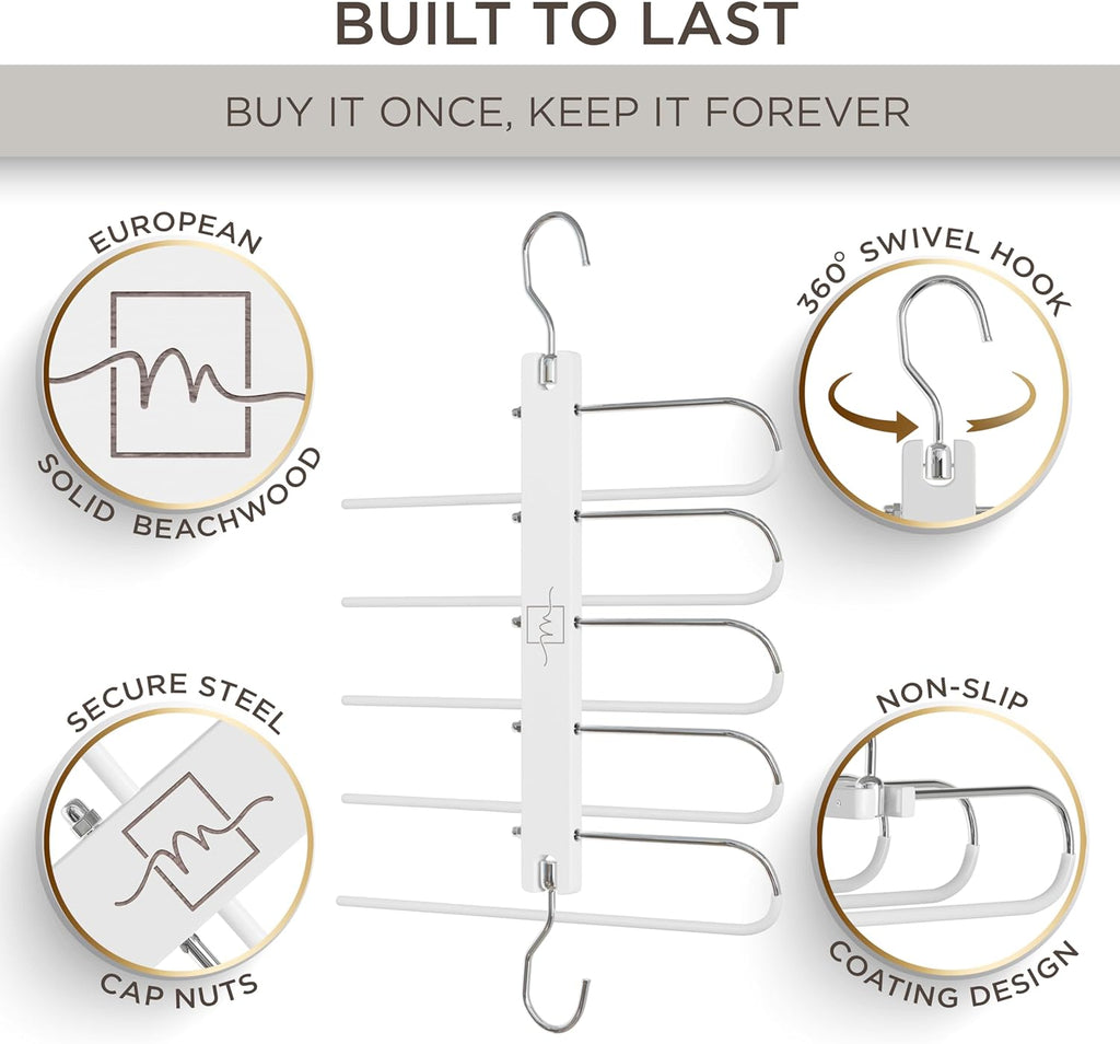 MORALVE Pants Hangers Space Saving - European Beechwood Scarf and Jean Hangers - Closet Organizer and Space Saver Pant Rack, Leggings Hanger, and Scarf Holder with 360° Swivel Hook (1 Pack)