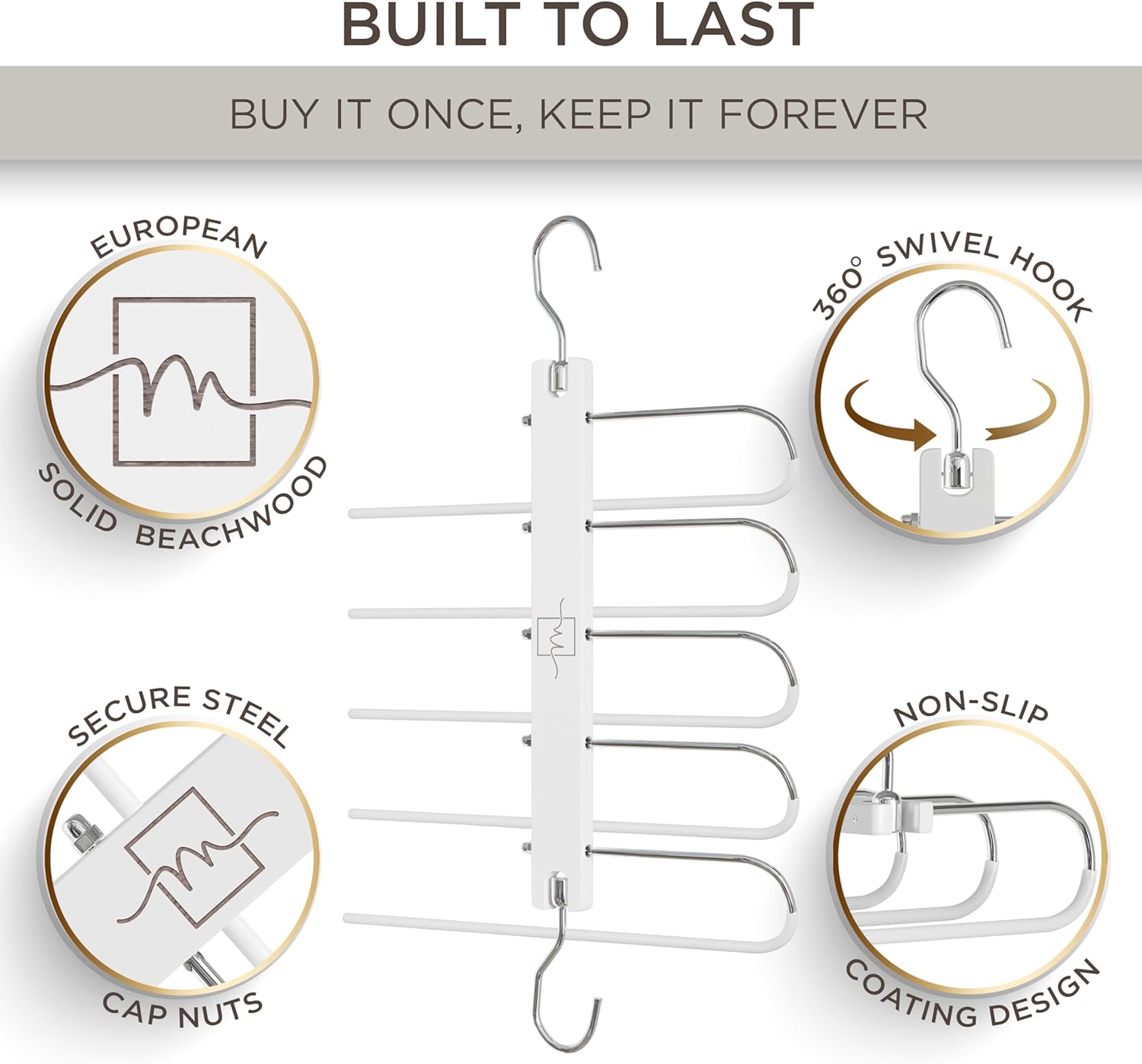 MORALVE Pants Hangers Space Saving - European Beechwood Scarf and Jean Hangers - Closet Organizer and Space Saver Pant Rack, Leggings Hanger, and Scarf Holder with 360° Swivel Hook (1 Pack)