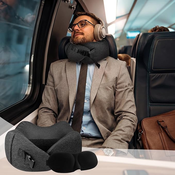 PORTHOLIC 2024 Upgraded Travel Neck Pillow with Buckle,100% Pure Memory Foam Travel Neck Pillow for Airplane Travel Flight Headrest Sleep, Portable Plane Accessories(Dark Grey)