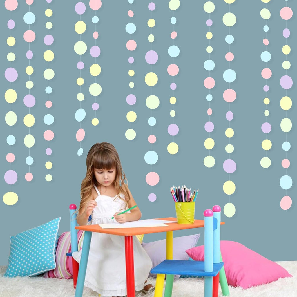 Pastel Party Decorations Blue Purple Pink Yellow Green Circle Dots Garland Hanging Paper Polka Dot Streamer for Birthday Baby Shower Wedding Bridal Shower Macaron Spring Easter Party Supplies