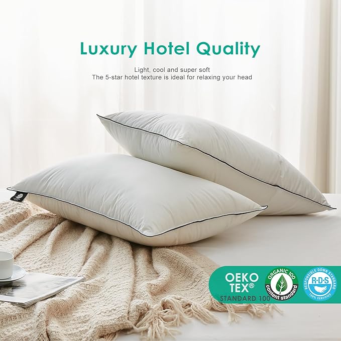 APSMILE Deep Sleep King Size Pillows Set of 2, Hotel Collection AirF™ Goose Feather Down Pillow Inserts with Organic Cotton Cover, Medium Bed Pillows for Sleeping (White, 20"x36")