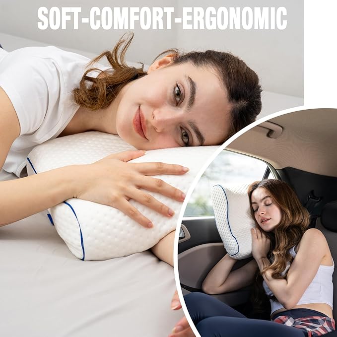 Travel & Camping Comfortable Memory Foam Pillow – Easy to Carry Portable Bag – Temperature Regulating Pillow Case - Perfect for Travelling (White Contour)