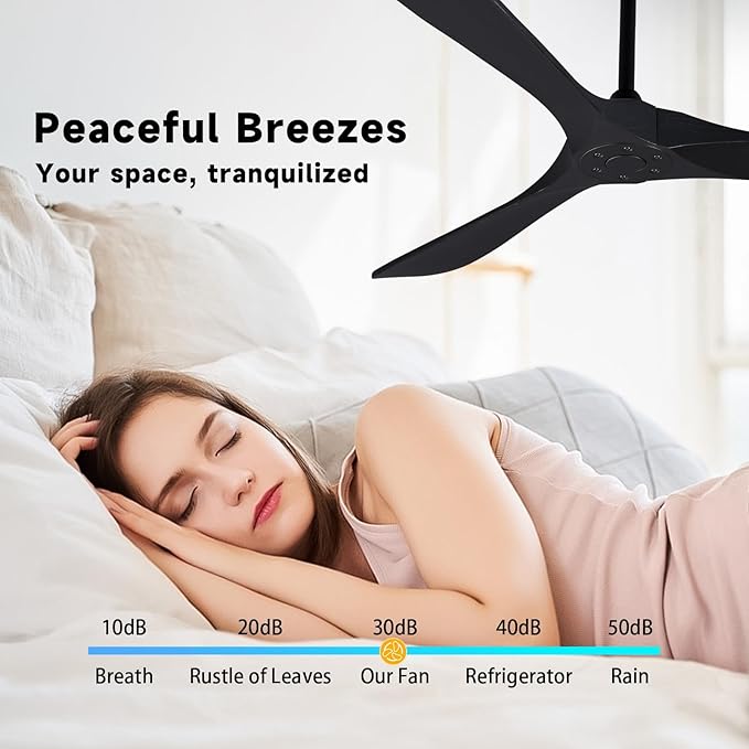 Bigzone 70" Black Ceiling Fan Without Light, 3 Solid Wood Blades, Outdoor Ceiling Fan with Remote, Reversible Motor