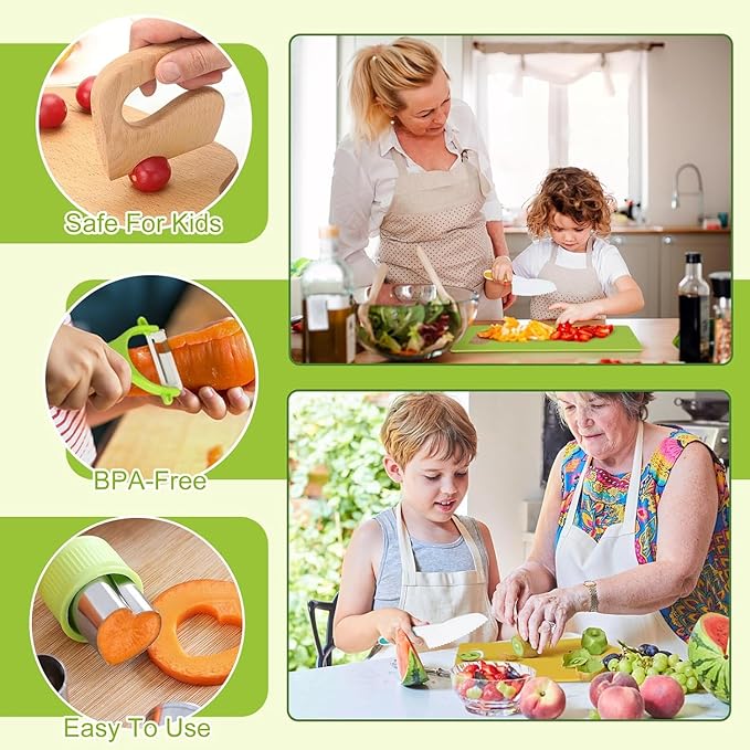 Real Cooking Set for Kids,13/17 Piece Kids Baking knife Set Kitchen Tools Include Wood Kids Safe Knife, Peeler, Cutting Board Potato Slicers for Boys, Kid, Toddler, Gift