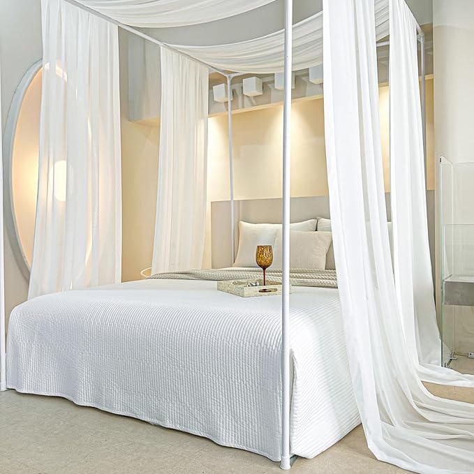 AIKASY White Bed Canopy Scarf for King - Luxury Sheer Canopy Bed Curtains with Light - Suitable for Four-Poster Bed, Metal Bed Frame, Wood Bed Frame -2pic