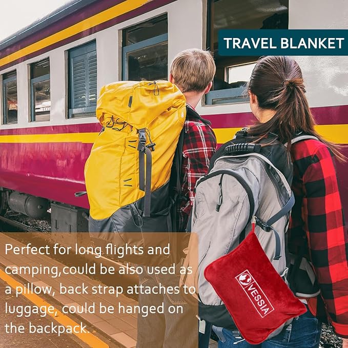 Vessia Travel Blanket for Airplane, Train and Car, Warm and Soft Travel Blanket in Bag for Adults and Kids, Portable Compact Long Flight Blanket with Luggage Sleeve, Backpack Clip(Red)