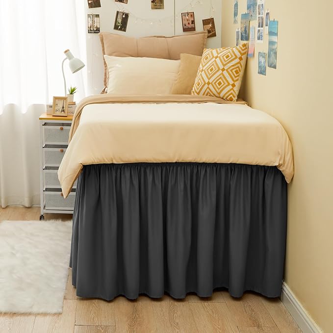 RIMELA Dark Grey Bed Skirt Twin 32 Inch Drop Silky Luxurious Fabric, Wrinkle and Fade Resistant with Adjustable Elastic Belt Easy to Install Machine Washable Dust Ruffles Bedskirt