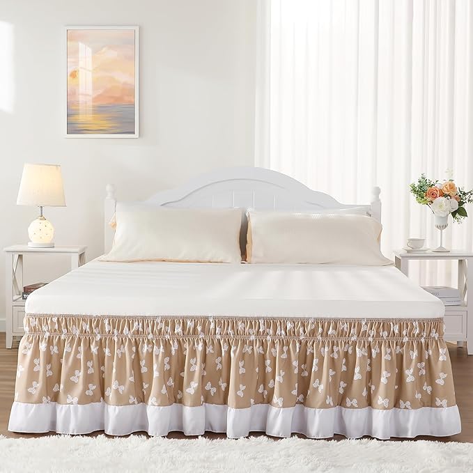 RIMELA Camel Elastic Bed Skirt King Szie 14 inch Drop, Cal King Bedskirt Easy to Put On, Solid Wrap Around Dust Ruffle, Fade Resistant Silky Fabric Machine Washable