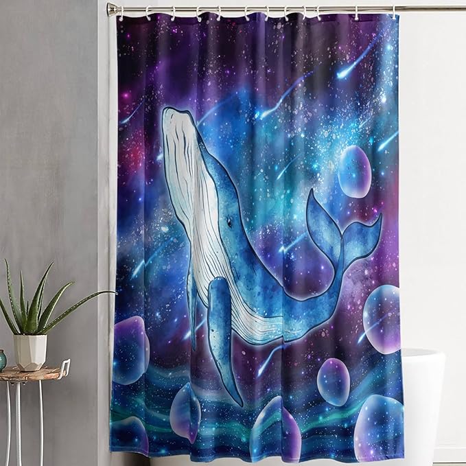 AILONEN Cartoon Blue Whale Shower Curtain,Swimming Whale Fabric Shower Curtains for Bathroom,Starry Night Bathroom Curtains for Kids Girls Boys,Fantasy Whale Bath Curtain Set, 60" W*72" H