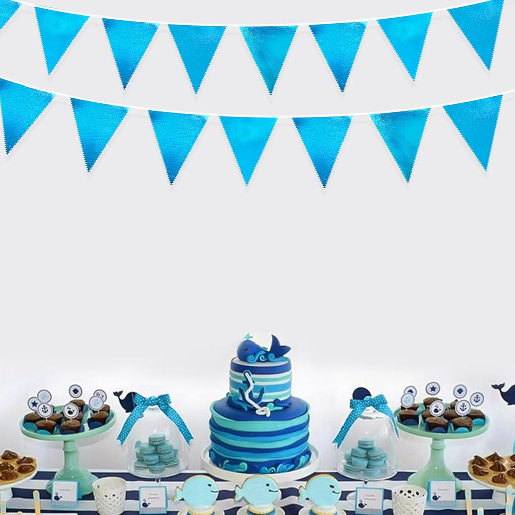 Sky Blue Party Decorations - Light Blue Triangle Pennant Banner Flag - Metallic Fabric Bunting for Graduation, Wedding, Retirement, Birthday, Under The Sea, Nautical, Ahoy, Party Decor Supplies