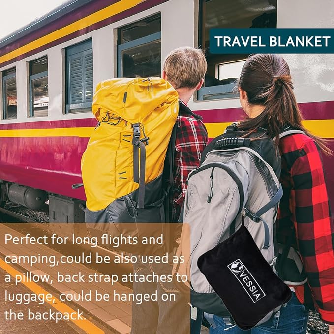 Vessia Travel Blanket for Airplane, Train and Car, Warm and Soft Travel Blanket and Pillow 2 in 1 for Adults and Kids, Portable Compact Long Flight Blanket with Luggage Sleeve, Backpack Clip(Black)