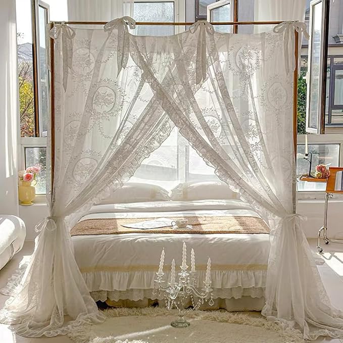 Elegant Lace Princess 4 Corner Post Mosquito Net Romantic for Girls Women Bed Curtain Canopy for Adult Wedding Bedroom Kids Rooms Decoration (Color-A, California King)
