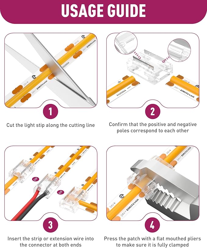 EMITEVER 8-in-1 LED Strip Connectors 12pcs, 2 Pin 8mm COB Tape Lights Terminal Connectors 8 Types Solderless Transparent Connection for 5V 12V 24V（Straight, Corner, Strip to Strip, Strip to Wire）