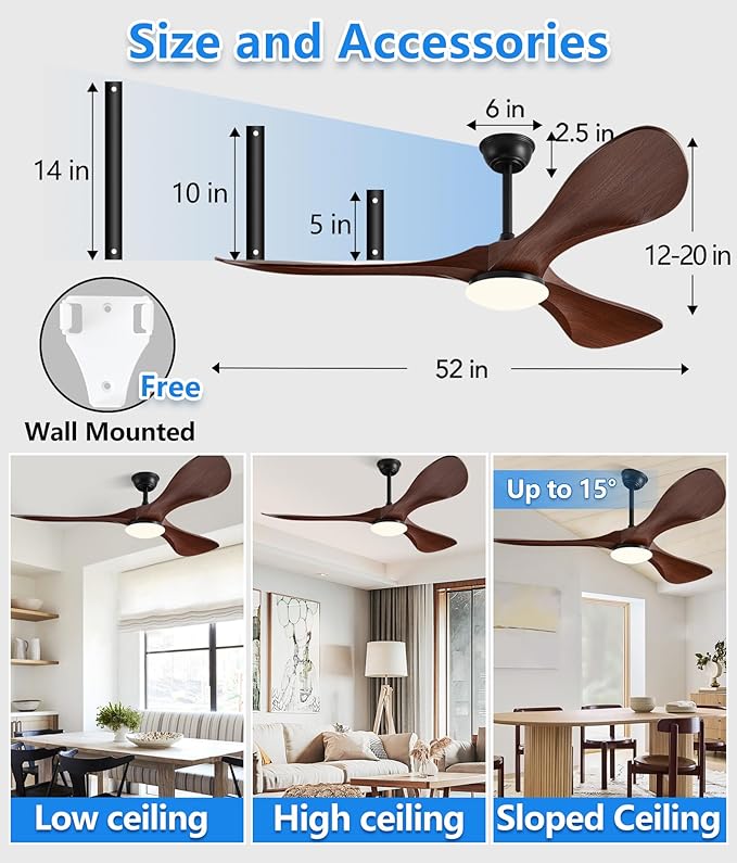 Ceiling Fan with Light and Remote,52 Inch Outdoor Ceiling Fan with 3 Blades for Patios,Modern Ceiling Fan Noiseless Reversible DC Motor 6 Speeds with 3 Color Temperature and Timer for Farmhouse