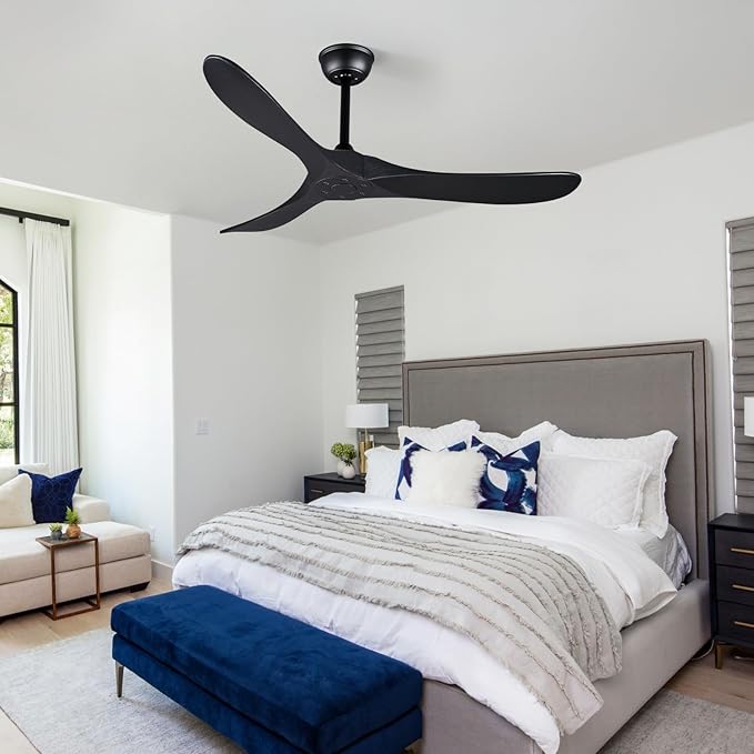 Bigzone 52" Outdoor/Indoor Black Ceiling Fans Without Lights with Remote Control, Energy Efficient DC Motor 27W, Smart Ceiling Fan With Reversible Blades