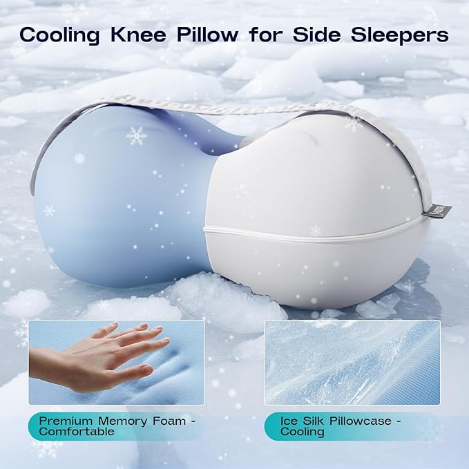 Cooling Leg Pillow for Side Sleeping - Pregnancy Knee Pillow with Strap - Memory Foam Knee Pillow for Side Sleepers Hip Pain Relief & Spine Alignment (Light Grey)