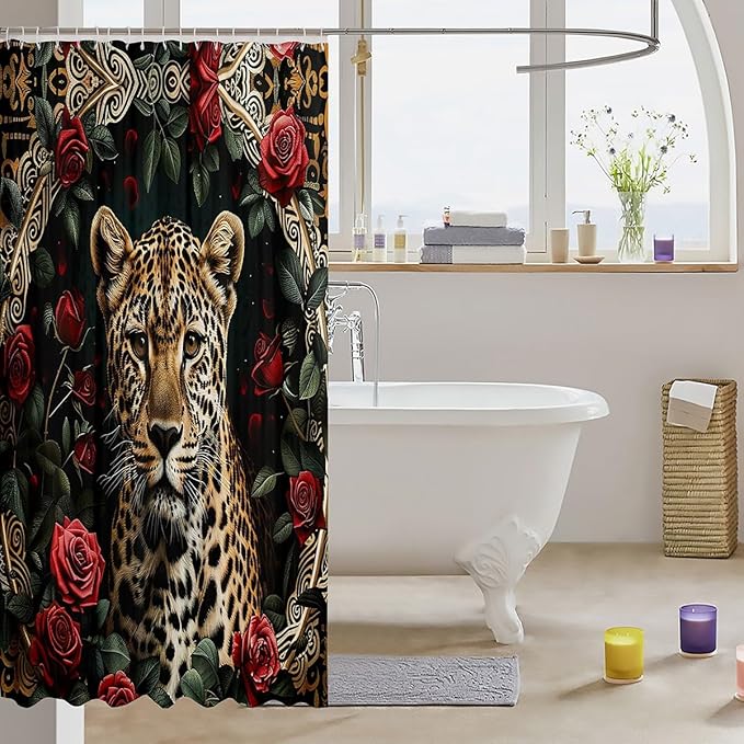 Feelyou Rose Leopard Bathroom Shower Curtain Set Boys Leopard Shower Curtain Leopard Bath Curtain for Kids Boys Girls Wild Leopard Kids Bathroom Accessories Wild Animal 72"x72"