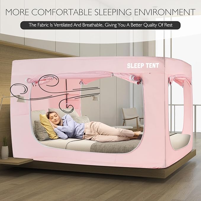 BORNA Bed Tent Bunk Twin Bed Canopy for Indoor Portable Light Reducing Sleeping Canopy for Kids and Adult,Bunk Blackout Tents Breathable Privacy Space Tent Mosquito Netting for Bed(Macaron Pink)