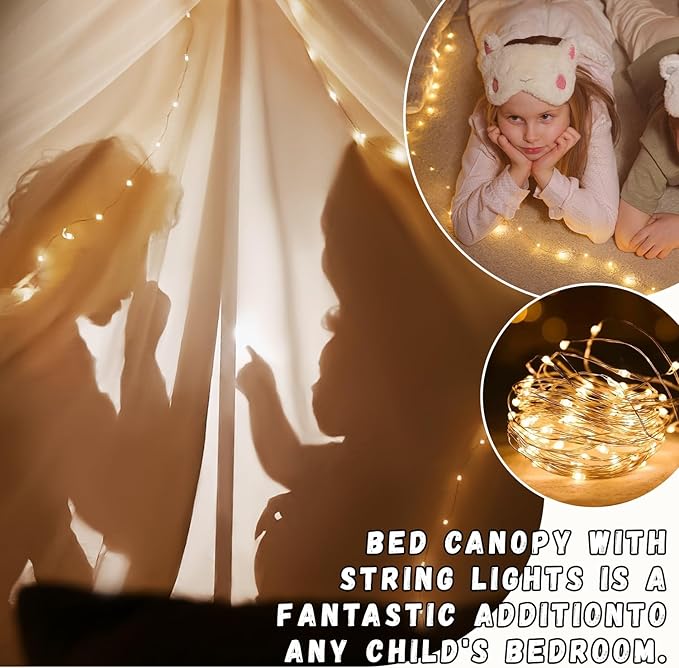 Bed Canopy with String Light, Double Layer Mosquito Net Bed Canopies White Princes Fairy Canopy Tent for Girls, Adults, Hanging Bed Tent Drapes Bed Curtains Reading Nook, 27''x108''