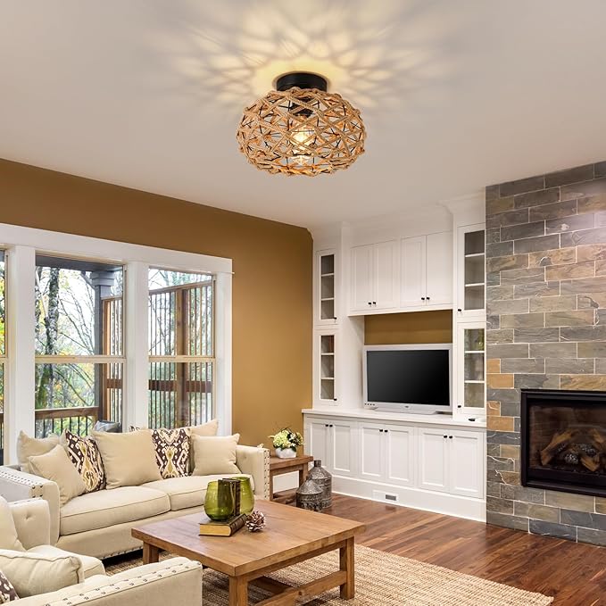 Rattan Ceiling Light Fixtures, Woven Wicker Semi Flush Mount Ceiling Light, Coastal Boho Rattan Ceiling Light for Farmhouse Bedroom Hallway Entryway Kitchen