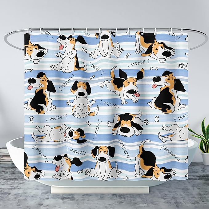 AILONEN Cartoon Dog Shower Curtain,Funny Beagle Active Dog Printed Shower Curtain, 72" W*72" H Waterproof Happy Cartoon Pet Dog Curtain with Grommets and 12 Hooks